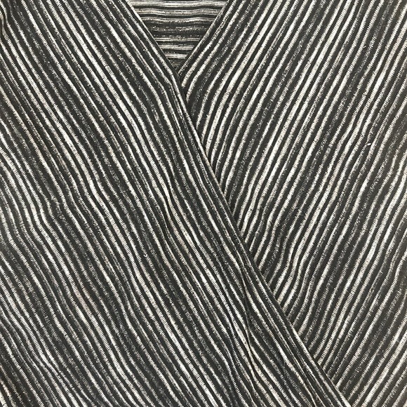 Knit v neck, attached front crossover detail. Black, grey,white thin stripes - Picture 4 of 5